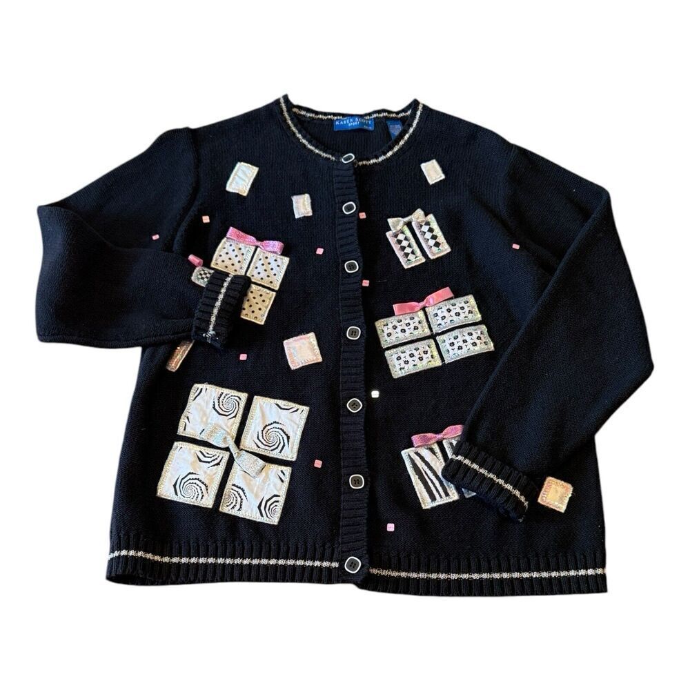 Vtg Karen Scott Womens Present Gift Print Cardigan Size PL Beaded Bows Patchwork - Picture 3 of 8